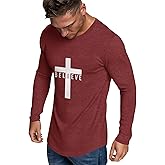 iudam Men's Long Sleeve Crewneck Graphic Tee Believe Cross Print Christian Shirts Workout Shirts