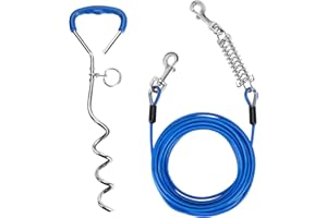 Dog Tie Out Cable and Stake, 30FT Dog Runner Cable with Dog Yard Stake, Long Dog Chains for Outside with Spring, Dog Lead Tak