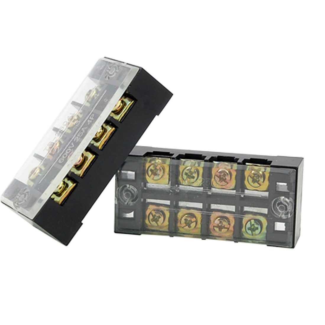sourcing map 600 V 25 A 4 Position Barrier Block Covered Screw Terminal Strip - Black/Gold Tone (2-Piece)