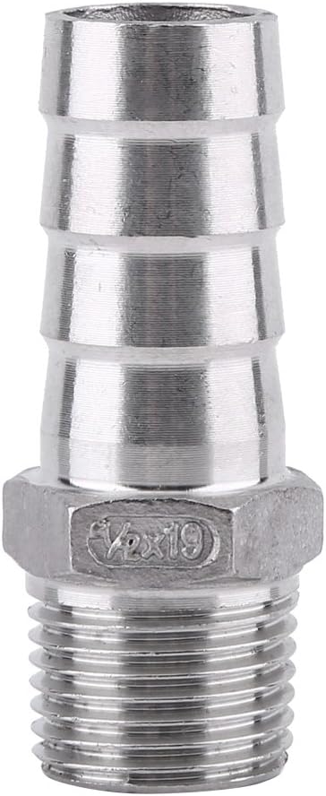 Walfront SS304 Male Thread Barb Hose Tail Connector 1/2 x 19mm Stainless Steel