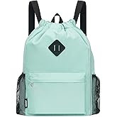 WANDF Drawstring Backpack Sports Gym Bag with Shoes Compartment, Water-Resistant String Backpack Cinch for Women Men (Large,Mint green)