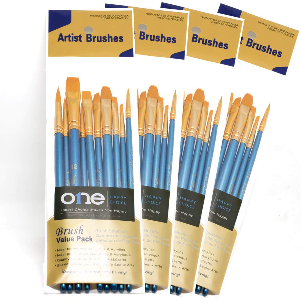 ONE HAPPY CHOICE 4 Sets of 10 Pieces Synthetic Hair Paint Brushes, Blue, for Acrylic, Oil and Watercolour Painting