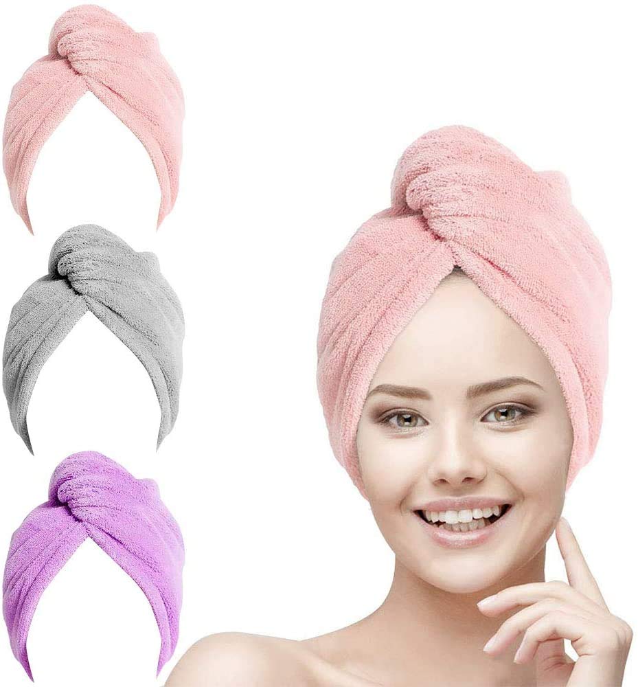 URAQT Hair Towel Turban, 3 Pack Microfibre Soft Hair Towel Wrap, Absorbent Twist Toweling Turban Cap Anti Frizz Head Towel Dry Hair Caps with Button Loop for Women Girl Long Wet Thick Curly Hair