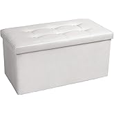 COSYLAND Ottoman Bench with Storage - 30x15x15in Folding Leather Ottoman, Rectangle Foot Stool Foldable Storage Chest Footrest Footstool Collapsible with Lid for Bedroom Living Room White