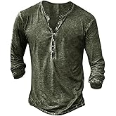 Beotyshow Mens Distressed Henley Shirts Front Placket Retro Long Sleeve Tee Shirts Casual Button Down Washed T-Shirts for Men