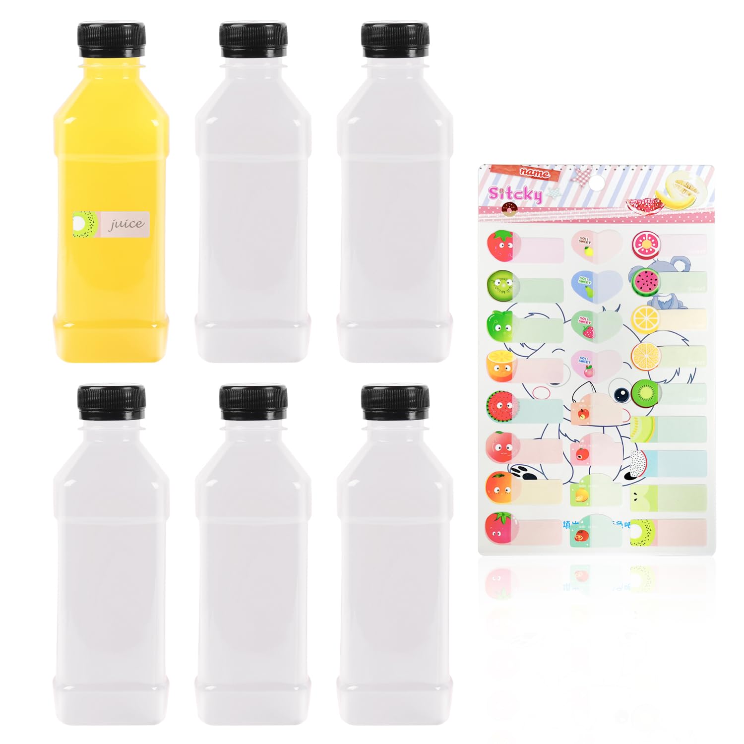 GVSAVY 6 Pack Clear Juice Bottles, 1 Sheet Fruit Sticker, 250ml Beverage Container, PET Empty Beverage Bottle With Lid,reusable clear bottle，Suitable for milk, juice (black lid)