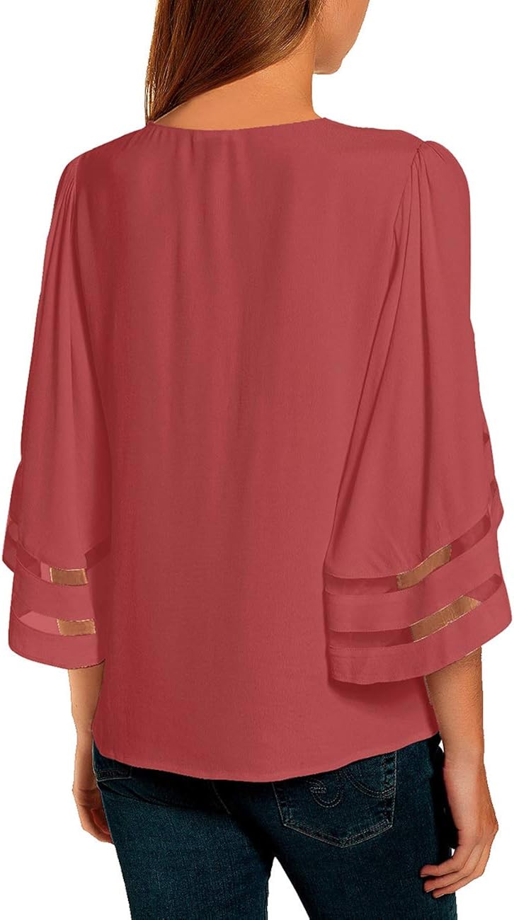 Vetinee Women's 3/4 Bell Sleeve Shirt Mesh Panel Blouse V Neck Casual Loose Tops at  Women’s Clothing store