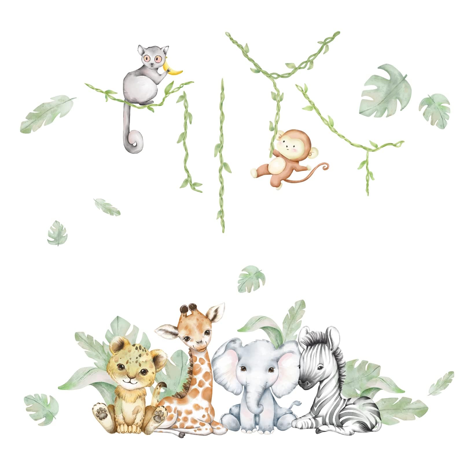 Photo 1 of 59.05x53.14 Inch Woodland Animals Wall Decals - Forest Animal Wall Decal with Elephant, Zebra, Monkey, Giraffe - Nursery Decor for Home, Baby Room, Boys & Girls Bedroom Art