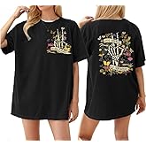 Womens Oversized Tshirts Skeleton Flowers Funny Graphic Loose Shirts Tops