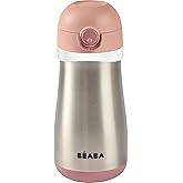 BEABA Kids Stainless Steel Insulated Water Bottle, Kids Water Bottle, Toddler Thermos with Spill Proof Spout and Close Top, Perfect for Travel, (Rose)