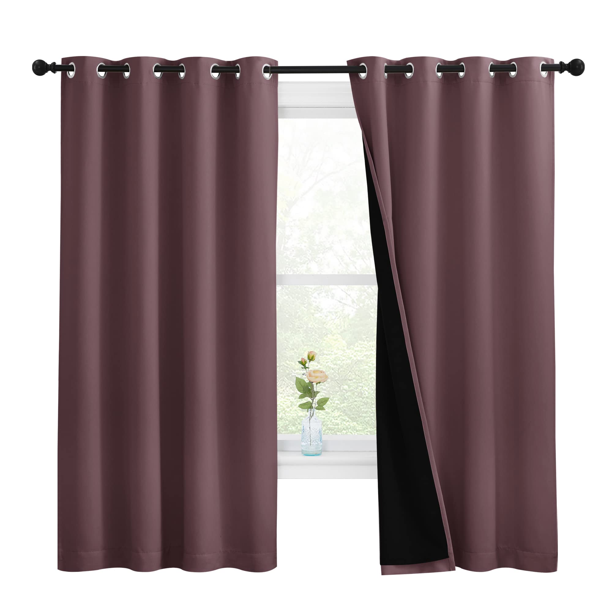 NICETOWN Bedroom Full Blackout Room Warming Curtain Panels, Super Thick Insulated Window Covers, Complete Blackout Draperies with Black Liner for Short Window (Dry Rose, Set of 2, 55 by 68-inch) Image