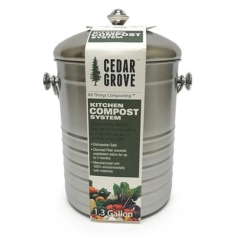 Cedar Grove Stainless Steel Kitchen Compost Bin 1.3 Gallon with Charcoal Filter Lid