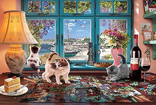 Skwenp Jigsaw Puzzle, Wooden Puzzle, 1000 Pieces, Three Cats in Front of The Window，of Adult Jigsaw Puzzles Game Kids Puzzle Toys Home Decoration & Birthday Gifts