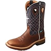 Twisted X Men's 12" Alloy Toe Waterproof Western Work Boot, Square Toe with CellStretch, Mocha & Navy, 9.5 D