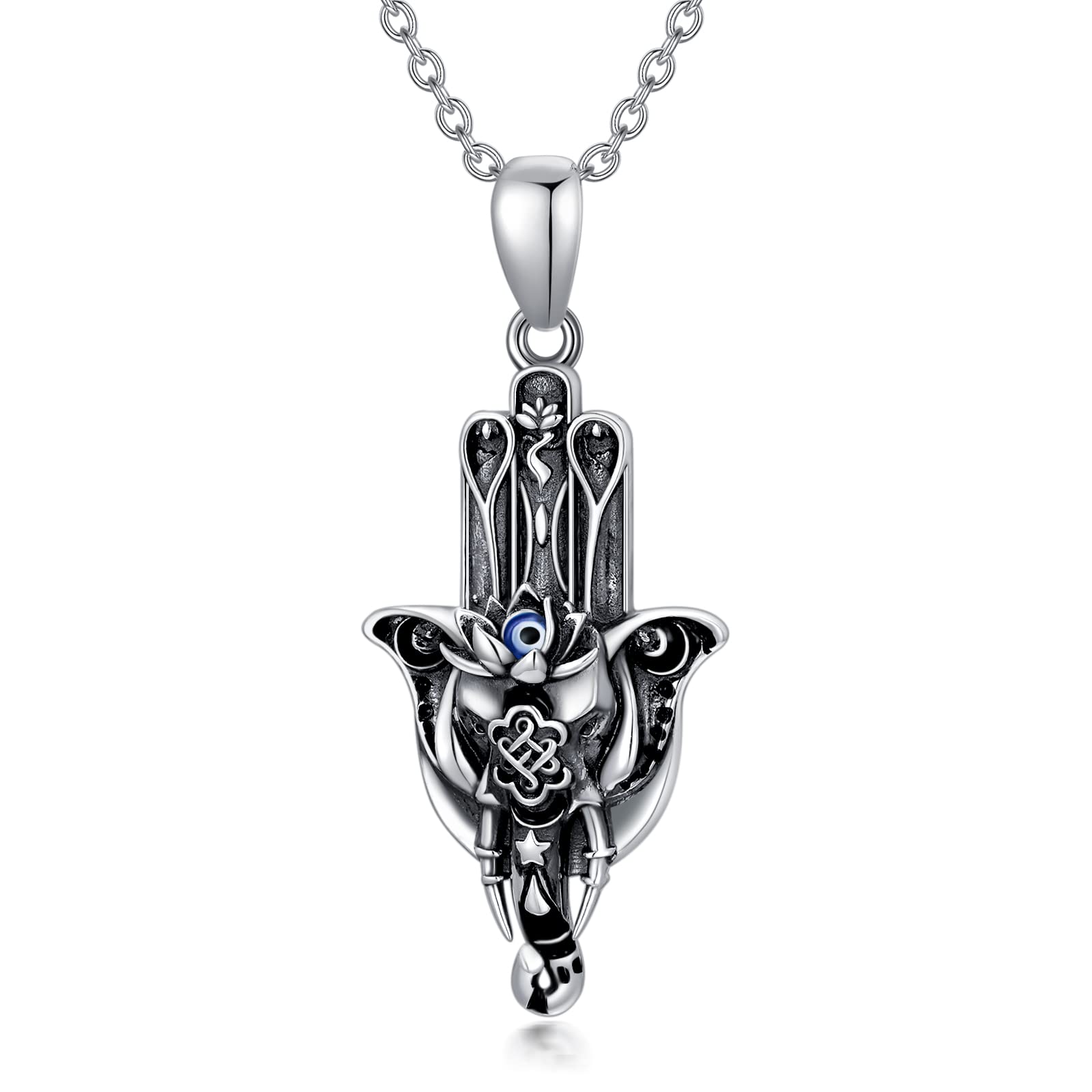 ROMANTICWORK Elephant Hamsa Necklace Sterling Silver Lotus Flower Evil Eye Pendant Hand of Famati Protection Necklaces Amulet Jewelry Gifts for Women Men