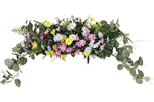 belupai 27.6in Artificial Daisy Swag, Rustic Fake Flower Floral Swag Green Leaves Daisy Door Wreath Wedding Arch Flowers for Lintel, Spring Summer Decorative Swag for Home Party Wall(Multicolor)