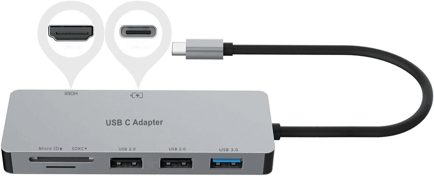 7in1 MultiPort USB 3.1 C HUB Dongle Adapter Including USB C with PD Charging Port, 1 USB3.0/2 USB 2.0, 4K HDMI Output, TF/Micro SD Card Reader for MacBook, ChromeBook and Other Type C Device