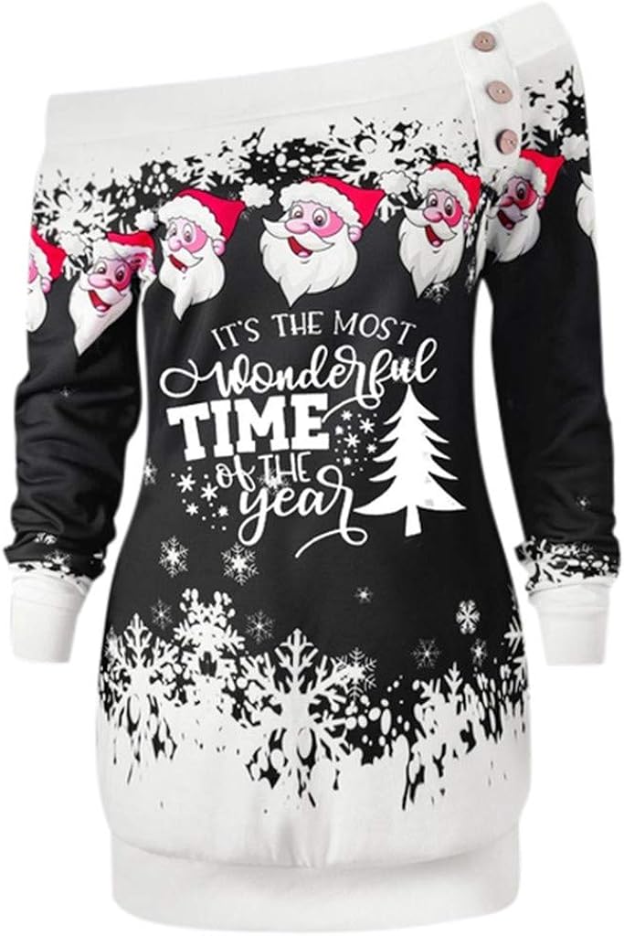 skew neck santa claus snowflake pullover christmas sweatshirt