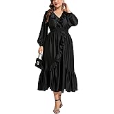 EYWOL Plus Size Ruffle Long Sleeve V-Neck Smocked Waist Maxi Satin Dress Formal Cocktail Wedding Guest Holiday Dresses