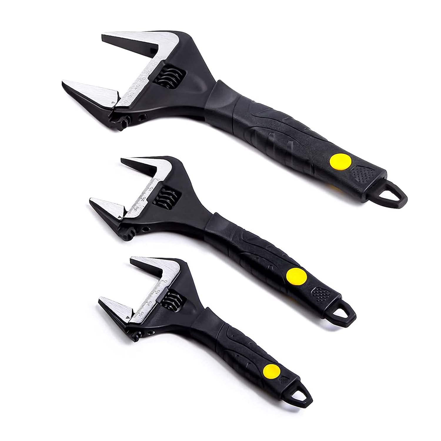 Sharp-tec Adjustable Spanner Set, Wide Jaw Opening Adjustable Wrench, Heavy-Duty Plumbing Tools for Plumbers, 6''+8''+12'', Black, chrome