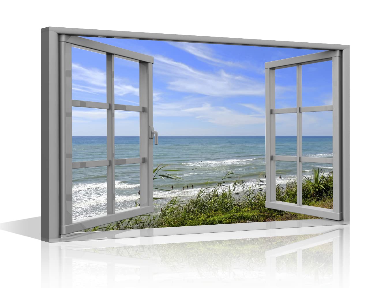 TISHIRON Canvas Wall Art 3D Window View Summertime Art Beach Seaside Picture for Home Office Bathroom Bedroom Stretched Giclee Framed Print Ready to Hang 16x24inch
