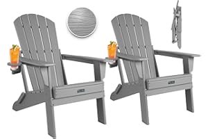 Plawdlik Folding Adirondack Chair, SGS Tested, Wooden Textured with Cup Holder, Heavy All-Weather HDPE Comfortable Set Poolside Backyard Lawn Grey Set 2