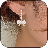 Pearl Bow Earrings for Women White Pearl Beaded Bow Hoop Earrings Rhinestone Bowknot Earring Trendy Christmas Jewelry Gifts