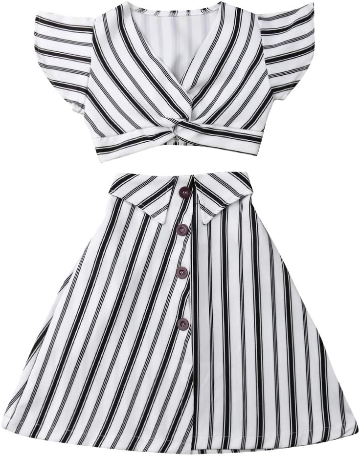 Toddler Baby Kid Girls Short Sleeve Striped T-Shirt Crop Top + A-line Skirt Dress Summer Outfits