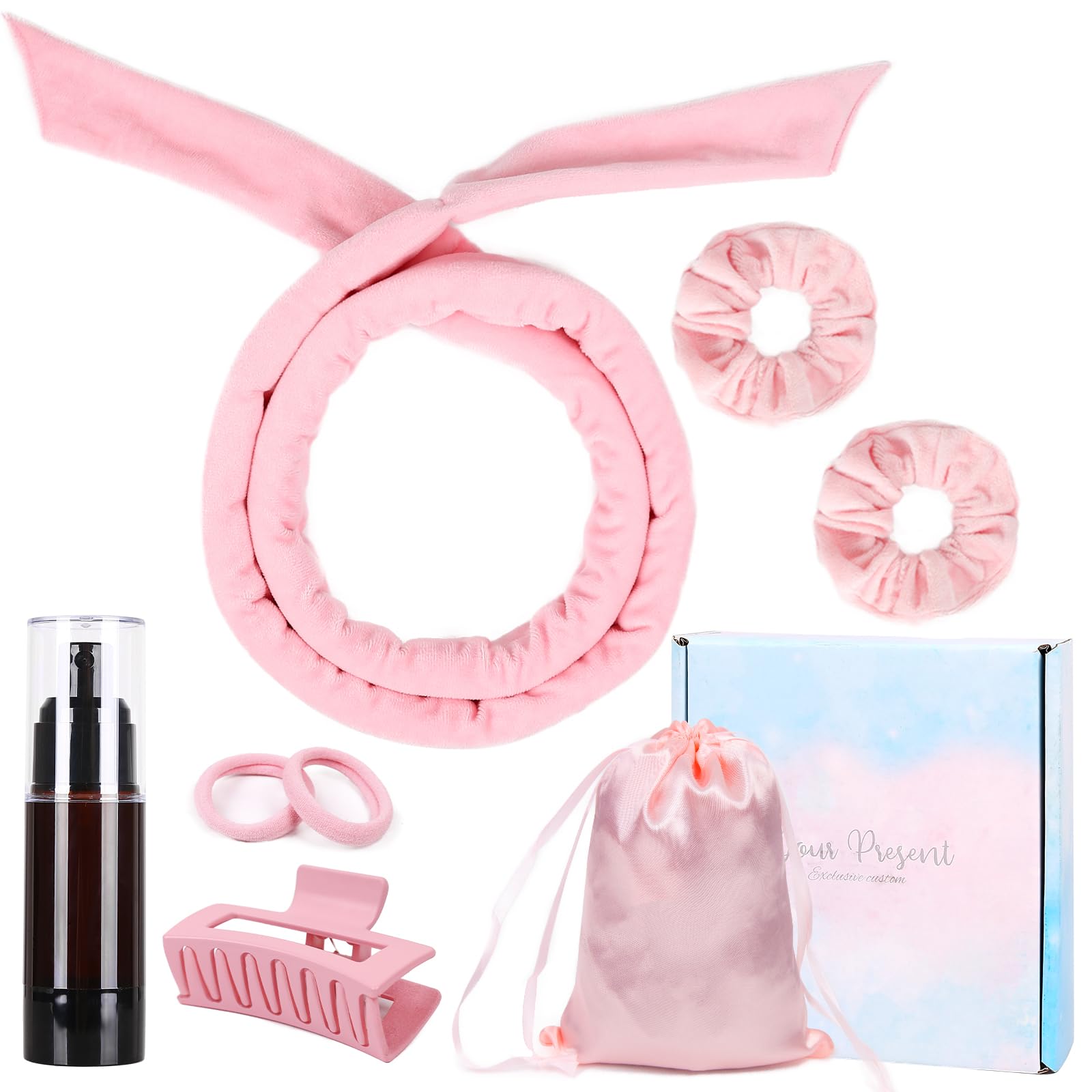 Heatless Curlers Headband, Heatless Curls Set, Soft Velour Heatless Hair Curler, Hair Curlers No Heat for Hair DIY (Pink)