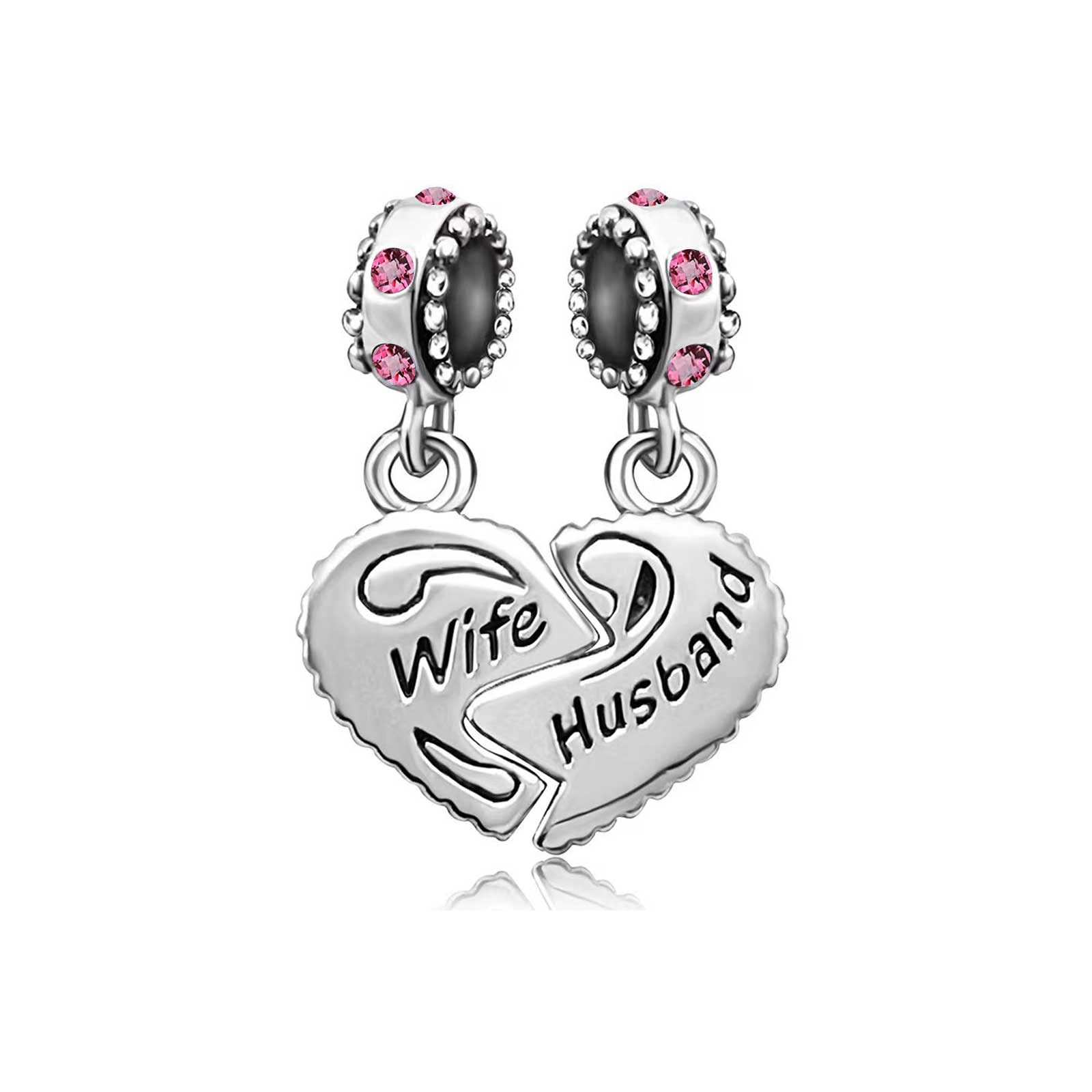 KunBead Jewelry Women Girls Pink Crystal Wife Husband Heart I Love You Charms Compatible with Pandora Bracelets Necklace
