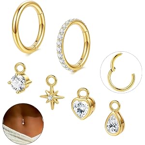 REVOLIA 2Pcs 14G G23 Titanium Clicker Belly Button Ring for Women Hypoallergenic Dangly Hoop Belly Button Ring Teardrop Heart