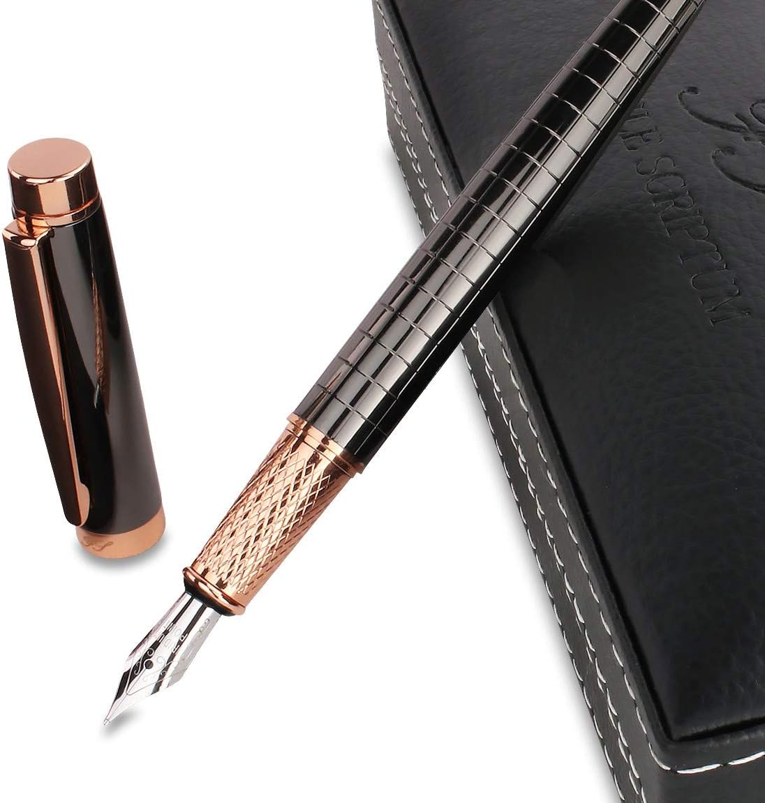 FACILE SCRIPTUM | Model Alice Rosé | Premium metal fountain pen with luxurious synthetic leather gift box | Rose gold & silver grey