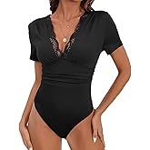 Everbellus Womens Sexy Lace Bodysuits Deep v Neck Bodysuit Tops Short Sleeve T Shirts Basic Casual Outfits