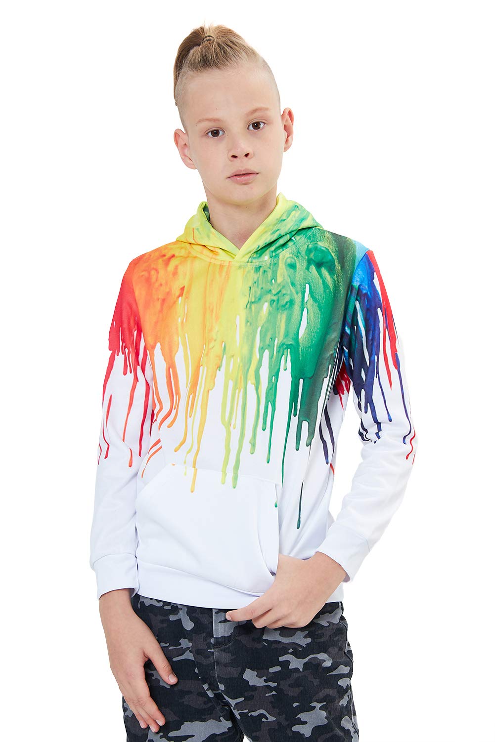 Unisex Teens Girls Boys Hoodies Hip Pop Hoody 3D Splash Rainbow Ink Novelty Pullover Long Sleeve Front Pocket Sweatshirt for Party Sports School Medium 5-6 Years