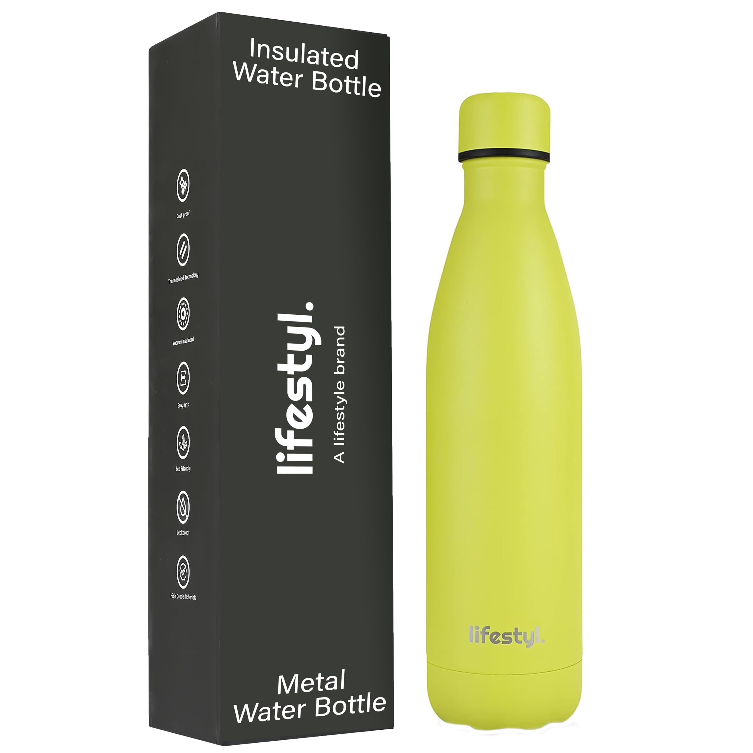LIFESTYL. Lifestyl Stainless Steel Water Bottle | 24 Hrs Cold & 12 Hot| Thermoshield Technology Vacuum Insulated Metal Bottles, Leak-Proof Drinks for Gym, Yoga, Cycling (750 ml, Citrus Green)
