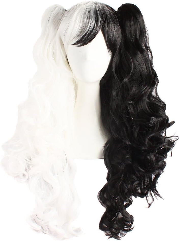 Falamka Synthetic Capless Mixed Color Half White Half Black Curly Cosplay Wig Two Ponytails Party Wig