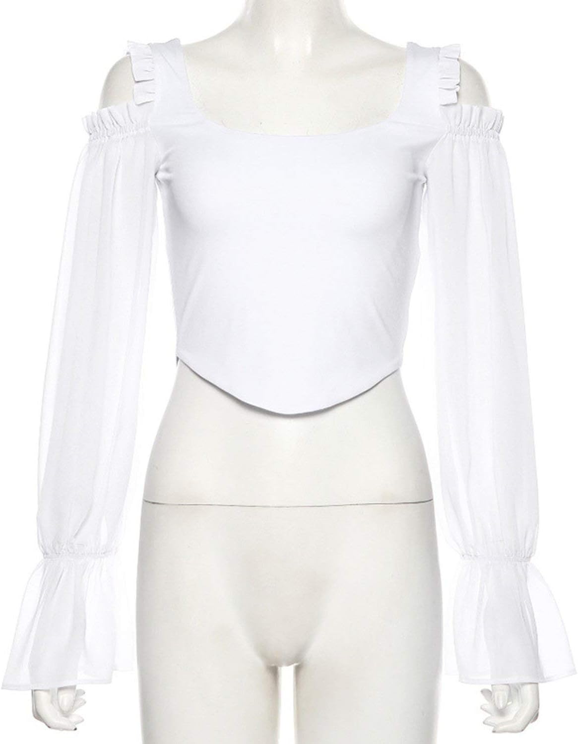Elegant Women's Blouse Open Shoulders Ruffle Lace Long Sleeve Cropped Tops Fashion Fall