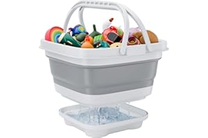 Teisaiko Bath Toy Storage Organizer - Foldable Bathtub Toy Storage with Removable Base for Draining, Bath Toy Basket for Bathtub with 1 Hook (Grey)