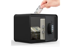 Kids Mini Safe Small Cash Box – GoldenKey Black Macaron 7”x9.4”x6.3” Money Security Safe with Coin & Bill Slot, Keypad & Key Lock, USB Backup, DIY Stickers, Piggy Bank for Home