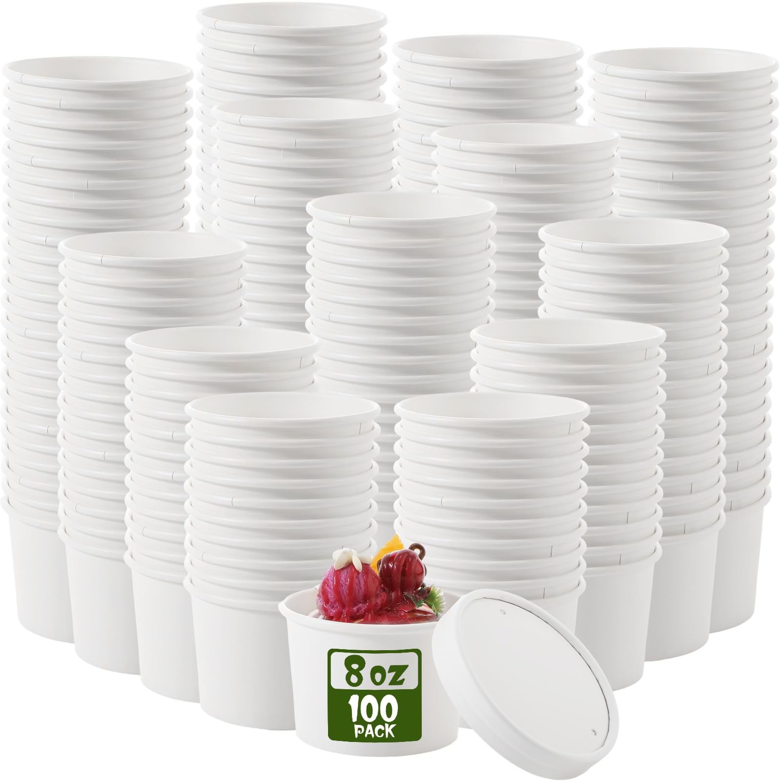 Photo 1 of Fulmoon 100 Pack Paper Soup Containers with Lids Disposable Paper Food Containers with Vented Lids Kraft Ice Cream Bowls Soup Cup Ice Cream Cups for Restaurants(8 oz,White)