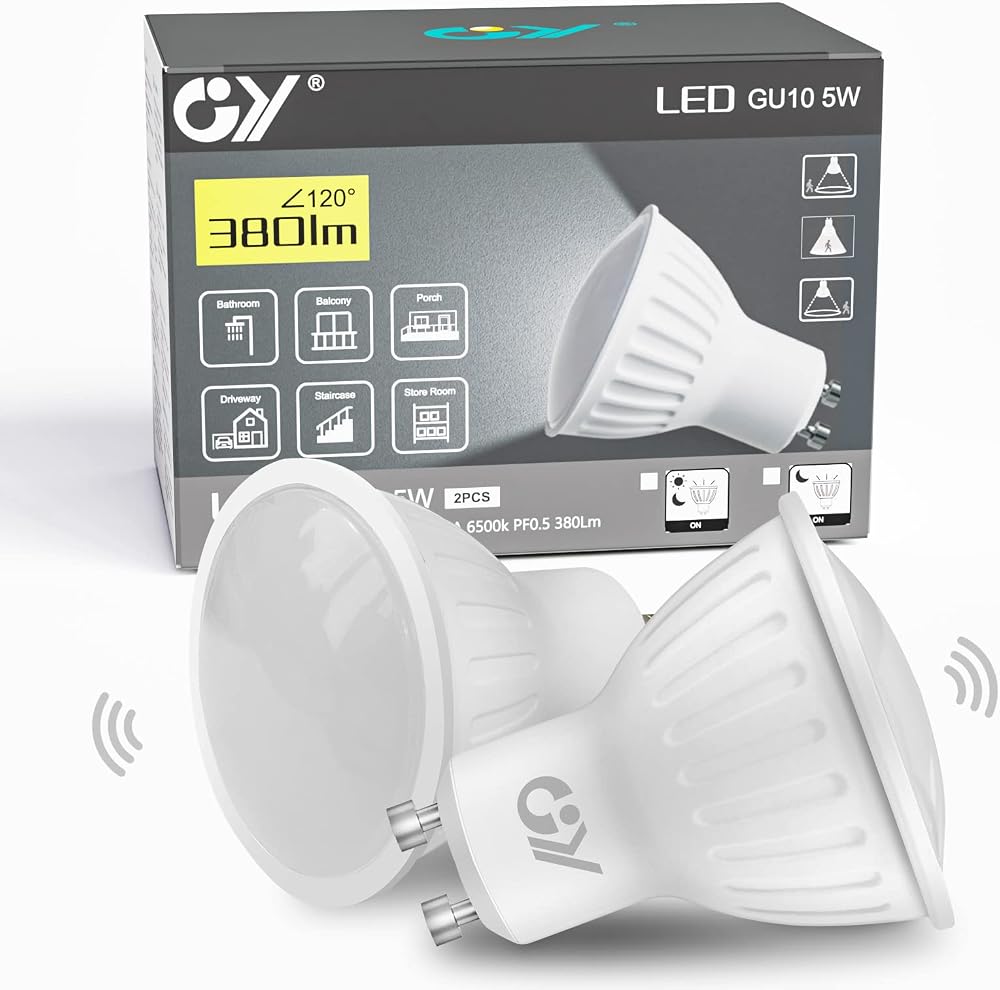 GY GU10 Light Sensor LED Bulbs 5W 6500K 380lm 120° Non-Dimmable 2Pcs