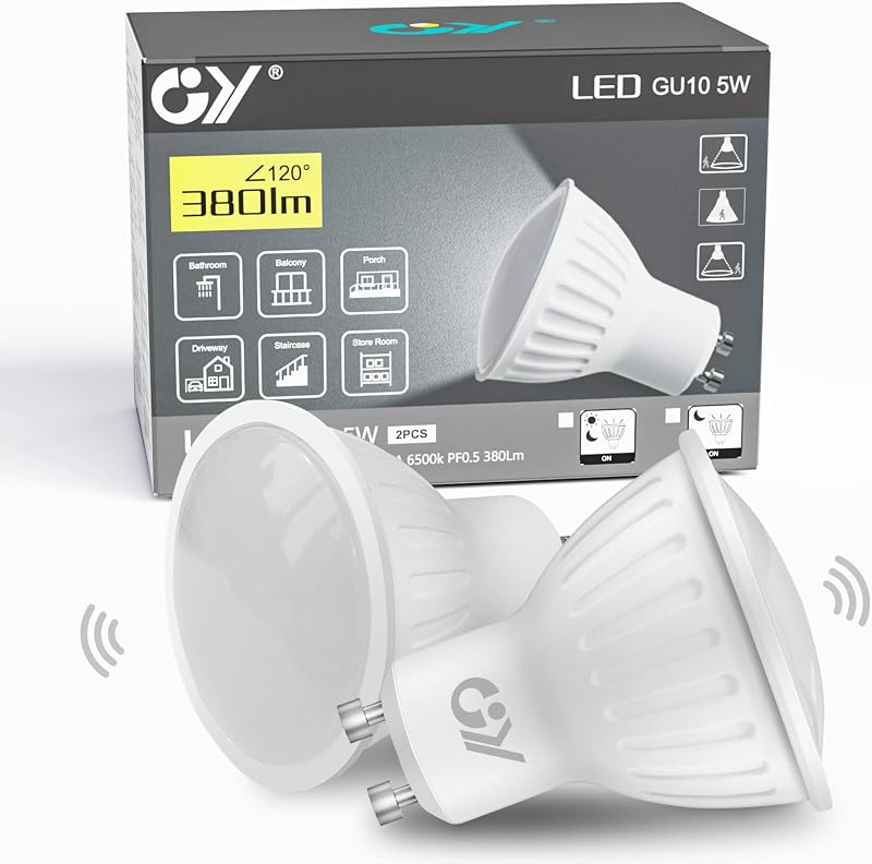 GY GU10 Light Sensor LED Bulbs 5W 6500K 380lm 120° Non-Dimmable 2Pcs