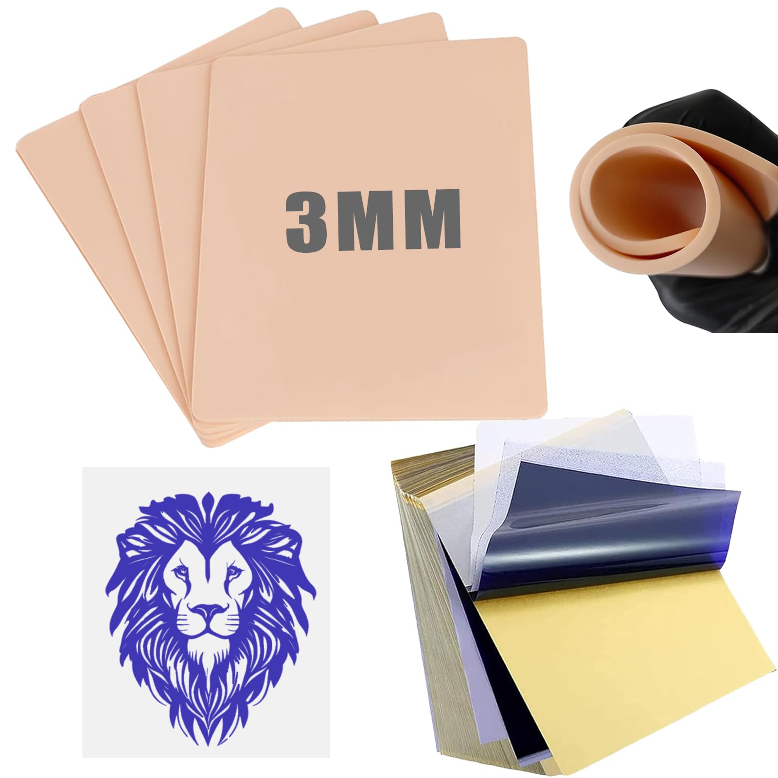 LEAYOKA 24Pcs 3MM Fake Skin Tattoo Practice Kit - 4pcs Thickened Silicone Tattoo Skins & 20pcs Transfer Paper - Multicolor, Not Water Resistant - For Youth & Adults
