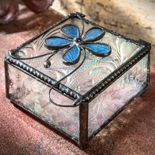 J Devlin Box 725-4 Blue Flower Stained Glass Keepsake Jewelry Box 3 x 3 3/8 x 1 3/4