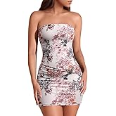 XXTAXN Women's Sexy Tube Strapless Floral Pattern Ruched Bodycon Date Night Mini Dress with Bow Tie