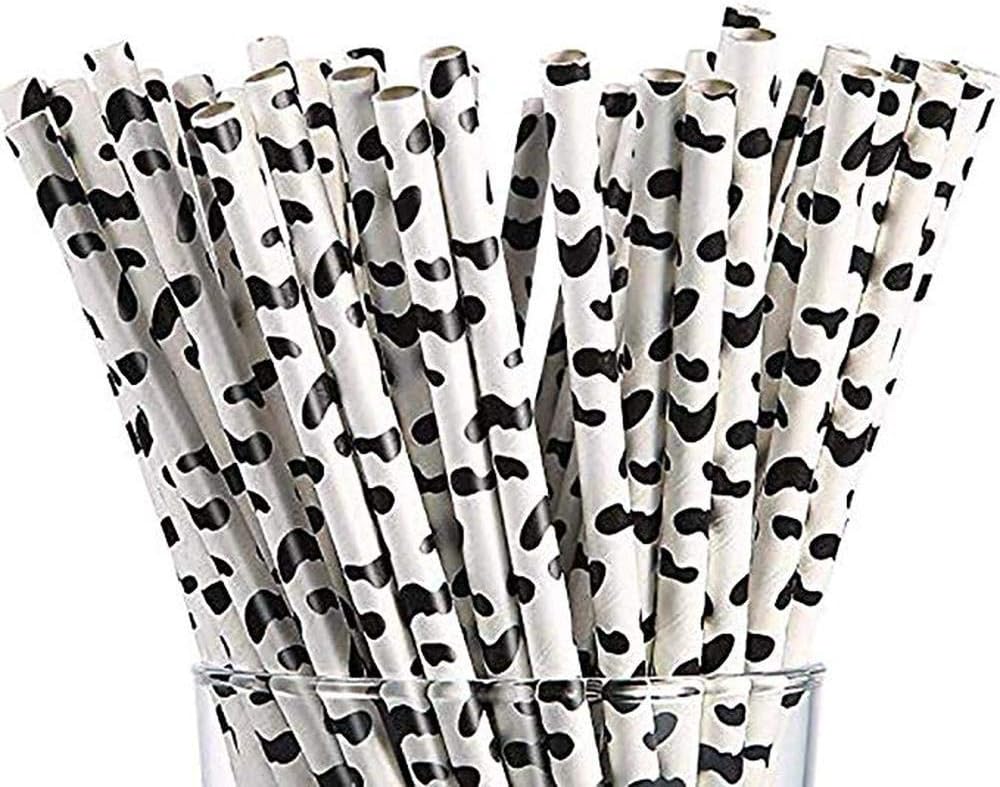 Bestenrose 250pcs Biodegradable Paper Straws Drinking for Bubble Tea Juice Birthday Paper Drinking Party Weddings Baby Showers Favor Supplies (Cow Print)