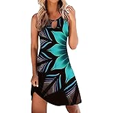ETCYY NEW Summer Dresses for Women Trendy Boho Floral Print Sundresses Sleeveless Beach Cover Up Dress with Pockets