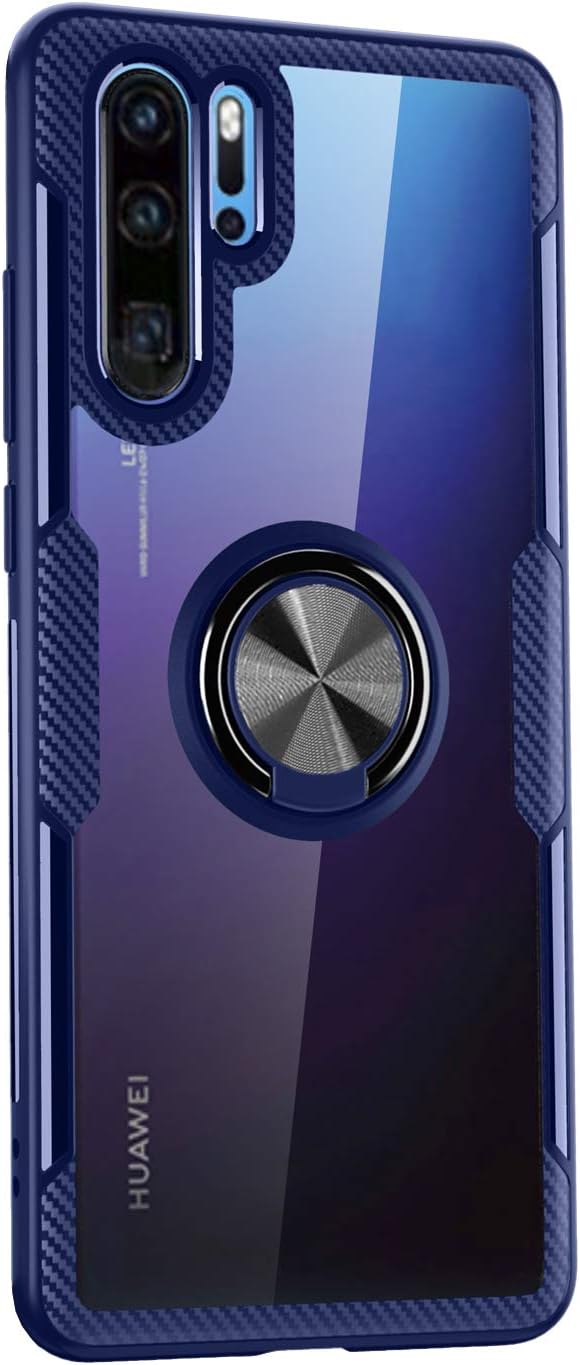 Brand Set® Huawei P30 Pro Transparent Case, TPU Bumper and Tempered Mirror Back Cover with 360° Rotation Magnetic Metal Ring Holder for Huawei P30 Pro-Blue