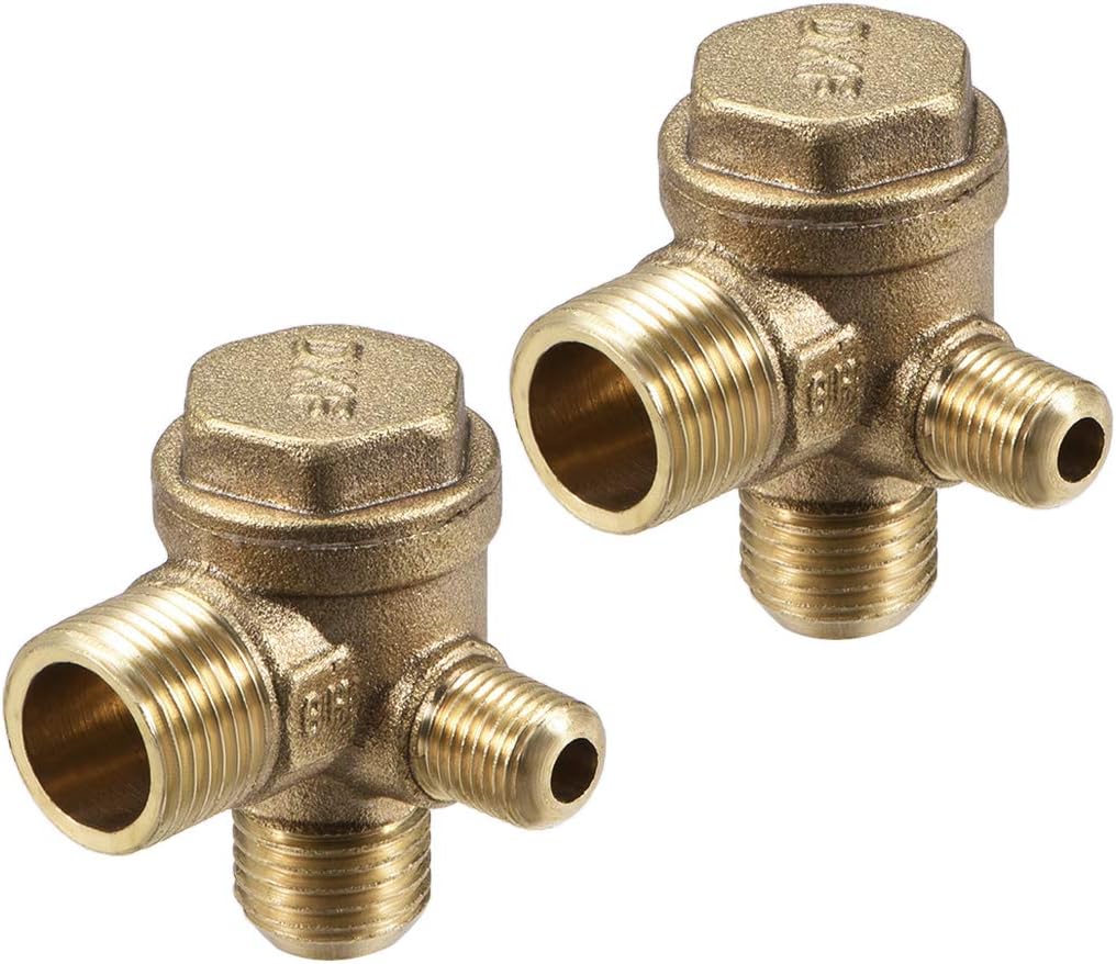 sourcing map Air Compressor Check Valve, M10xM14xPT3/8 Male Thread, 3 Way Pneumatic Accessory, Brass 2pcs