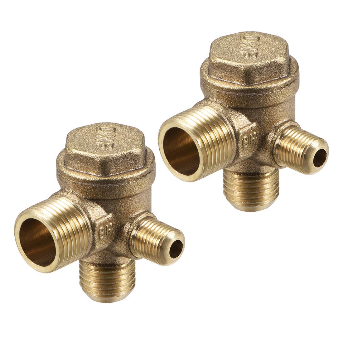 sourcing map Air Compressor Check Valve, M10xM14xPT3/8 Male Thread, 3 Way Pneumatic Accessory, Brass 2pcs